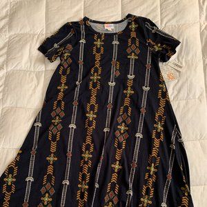 LuLaRoe Carly Dress - NWT - Navy with pattern vertical gold stripes